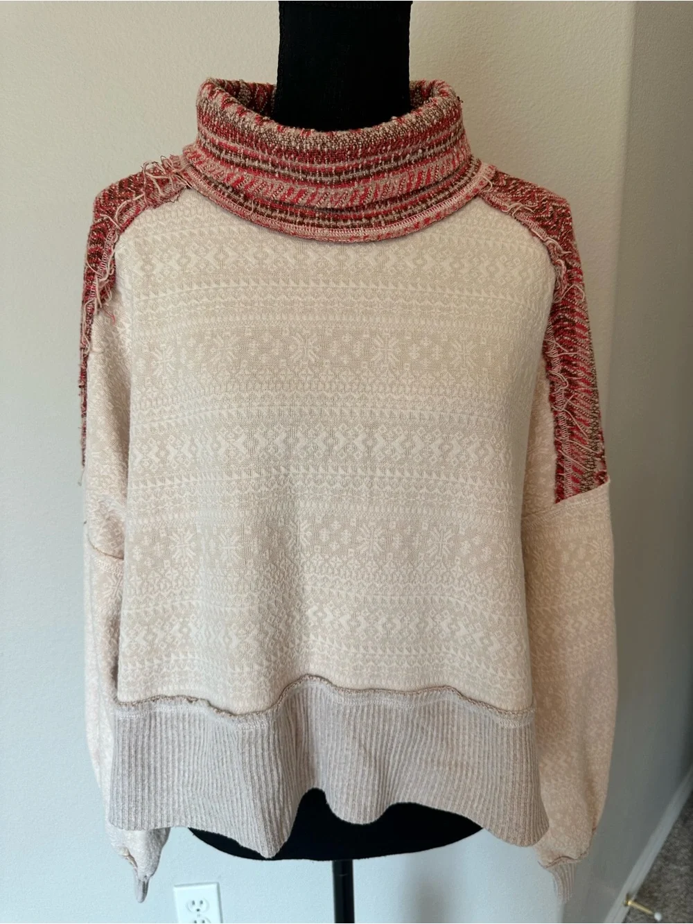 Free People Cream Cowl Neck Sweater with Rust Trim